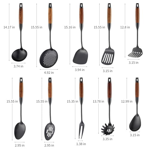 Izurok18/10 Stainless Steel Kitchen Utensils Set,10 Piece Cooking Utensils With Wood Handle,Heat Resistant Kitchen Tool Set With Spatula,Spoon,Ladle,Skimmer,Slotted Turners,Pasta,Turner,Ladl,Fork - color: BLACK-10 Pieces, size: Large