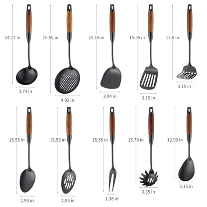 Izurok18/10 Stainless Steel Kitchen Utensils Set,10 Piece Cooking Utensils With Wood Handle,Heat Resistant Kitchen Tool Set With Spatula,Spoon,Ladle,Skimmer,Slotted Turners,Pasta,Turner,Ladl,Fork - color: BLACK-10 Pieces, size: Large