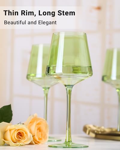 Physkoa Green Wine Glasses Set of 6-16oz Hand Blown Crystal Colorful Wine Glasses with Long Stem, Spring Wine Glass for Wine Lovers, Wedding, Birthday, St Patrick's Day Gifts - color: Green