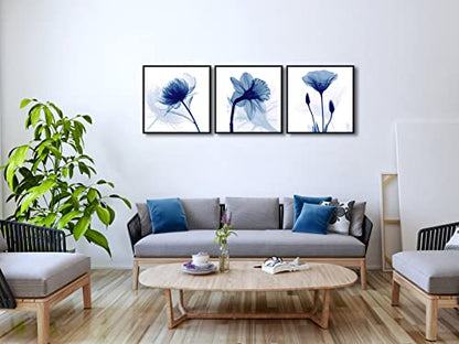 Wieco Art Framed Wall Art Blue Abstract Flowers 3 Panels Canvas Prints Home Art Modern Artwork Wall Pictures for Living Room Bedroom and Home Decorations Black Frame - size: 20x20inchx3pcs (Framed)