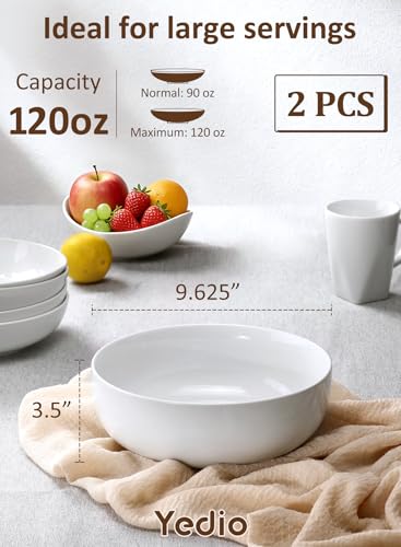 Pasta Serving Bowls 120 Ounce 9.7” Large Serving Bowls, Porcelain Salad Bowls for Kitchen, Big White Soup Bowls, Oven Dishwasher Safe, Set of 2 | Smooth Glaze, Easy-Clean, Stackable, Oven/Microwave/Dishwasher/Freezer Safe, Deep enough for Soup, Fruit, and