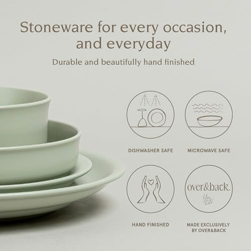 over&back Rim Dinnerware Set - Stoneware Dishes - Comes with 4 Dinner Plates, Salad Plates, Cereal Bowls, and Dinner Bowls - 16-Piece All-Occasion Place Settings - Serves Four - Semi-Matte Sage - color: Sage, size: Dinner Set | 16 Pieces