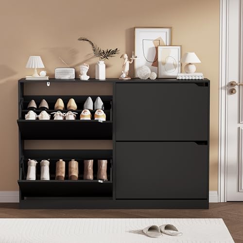 Shoe Storage Cabinet, Wood Shoe Organizer for Entryway with 3 Flip Drawers, Freestanding Shoe Rack with Adjustable Shelf, Narrow Shoe Dresser for Front Door Entrance (Black, 4 Drawers) - color: Black, size: Regular 4 Drawers