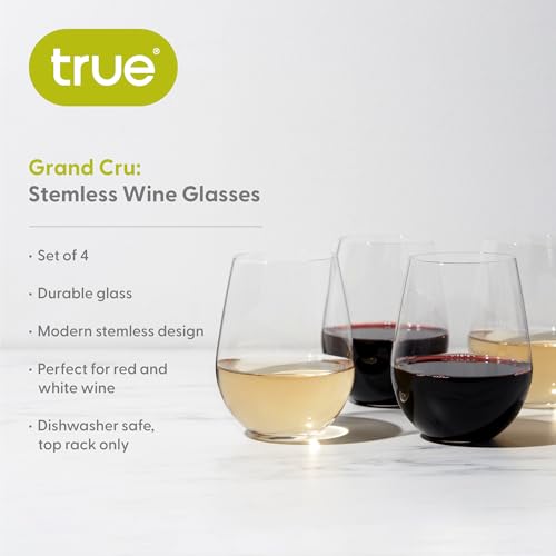 True Vino Stemless Wine Glasses Set, Modern Drinking Glasses for Red and White Wines, Cocktails, Beverages, Wedding Gifts, Housewarming, Birthday, Elegant Glassware, Home Bar, 21 oz, Set of 4 - size: Set of 4, style: Grand Cru
