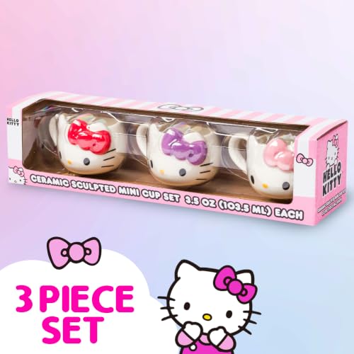 Silver Buffalo Sanrio Hello Kitty Bows, 3D Sculpted Mini Cup Set, 3.5oz | Different Color, Pack, Ceramic, Milk, Includes Handles, Perfect as a Sugar, Cream, 0.1 Liters - color: Hello Kitty With Handle