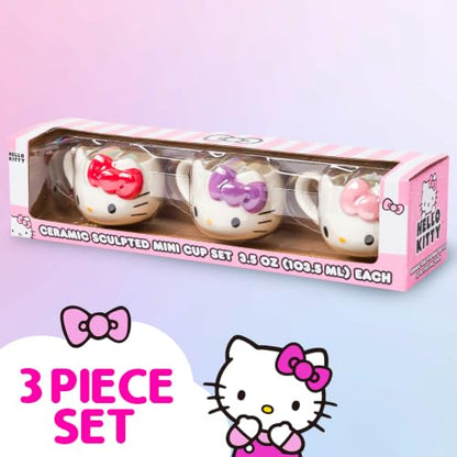 Silver Buffalo Sanrio Hello Kitty Bows, 3D Sculpted Mini Cup Set, 3.5oz | Different Color, Pack, Ceramic, Milk, Includes Handles, Perfect as a Sugar, Cream, 0.1 Liters - color: Hello Kitty With Handle