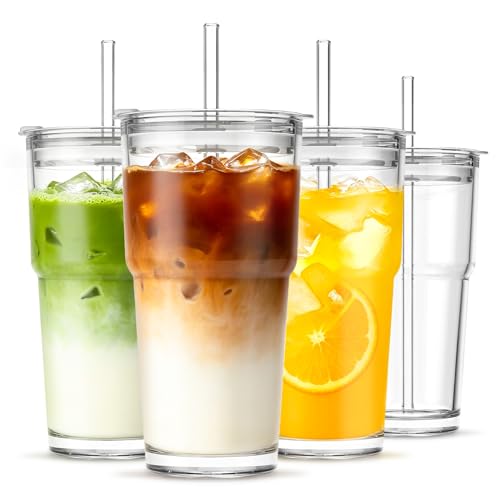 INSETLAN 20 oz Glass Tumbler with Glass Straw and Lid, Set of 4 - Thickened Ice Coffee Cup, Glass Cup with Lid and Straw for Smoothie, Tea, Milk, Whiskey, Water and More – Elegant & Durable - color: 20 oz - 4 Pcs