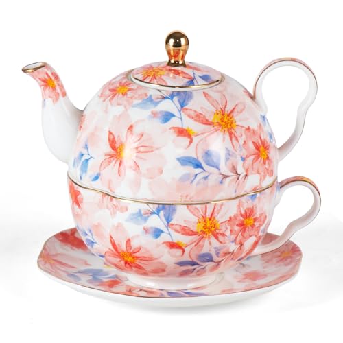 KAMMAK Tea for One Set, Ceramic Teapot, Bone China Tea Set, Cup and Saucer | Colorful, Porcelain Stackable Tea Pot Set with Golden Trim for Coffee and Cappuccino, Ideal for Afternoon Tea and Gifts, YX1 - color: Pink-XY1