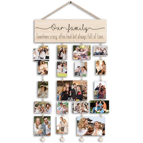 Family Photo Frame Gifts,Our Family Picture Frame,Photo Frames Gifts-Vintage Style Wood Hanging Photo Display Wall Hanging with 30 Clips Multi Picture Frames Collage Decoration - color: Family - Our Family (light color)