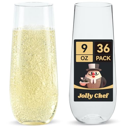 JOLLY CHEF 36 Pack Stemless Plastic Champagne Flutes 9 oz, Crystal Clear Stemless Plastic Toasting Glasses, Clear Disposable Unbreakable Drinkware Ideal for Wedding, Birthday, Party, Thanksgiving - color: Clear