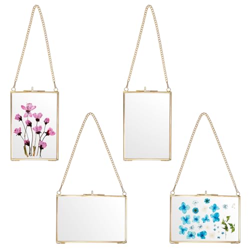 JUXYES 4x6 Hanging Double Glass Floater Picture Frame for Pressed Flowers | 4 Pack Horizontal & Vertical Brass Frame with Chain for Dried Flowers, Gold Floating Frame Ornament for Plant Specimen DIY - color: Gold, size: 4" x 6"