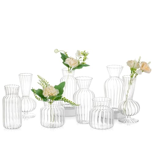 Glasseam Small Glass Bud Vases Bulk, 8Pcs Decorative Vases for Centerpieces | for Single Stem Flowers, Floral Arrangement, Handmade, Ribbed, Modern Decoration for Wedding, Reception, Party, Dining Tables - size: 8pcs