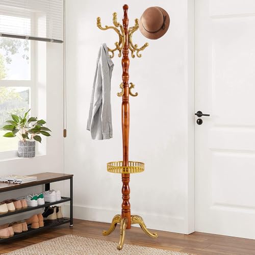 Wooden Coat Rack Freestanding, Begonia Upgraded version | Vintage Coat Racks with Sturdy Round Base, Adjustable Height 37.40"-72.83" Entrance Coat Rack for Bedroom Living Room - color: Begonia Upgraded version