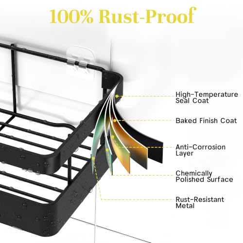 Heavy-Duty Adhesive Shower Caddy, Black Organizer | No Drill Wall Mounted Stainless Steel Bathroom Shelves with 44lbs Max Load, 0.43" Wire Spacing, Toothbrush & Soap Holder - color: Black