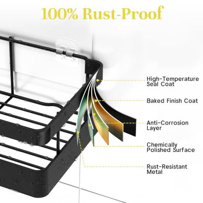 Heavy-Duty Adhesive Shower Caddy, Black Organizer | No Drill Wall Mounted Stainless Steel Bathroom Shelves with 44lbs Max Load, 0.43" Wire Spacing, Toothbrush & Soap Holder - color: Black
