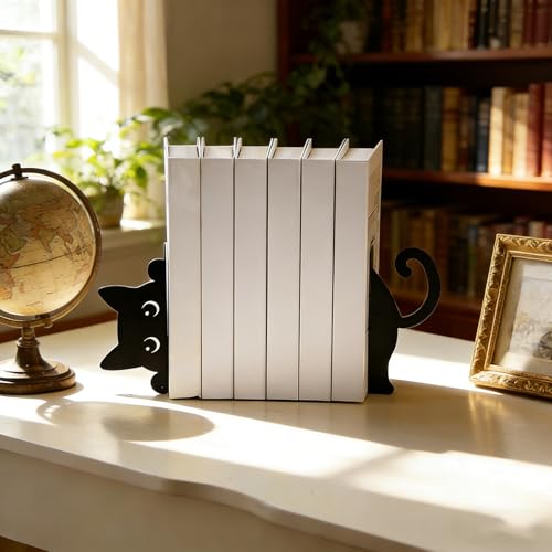 Peekaboo Cat Bookends for Shelves, Black Metal Decorative Book Ends, Heavy Duty Book Stoppers for Home & Office Desk, Ideal Gift for Cat Lovers & Book Lovers - style: Cute Cat