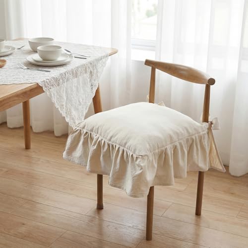 4 Pcs Ruffle Chair Cushions Cover 17.5''x17.5'' French Chair Pad Slipcover with Ties Ruffled Skirt Seat Cover Farmhouse Covers Only, for Home Dining Kitchen (Classic,Retro Cream White) - color: Retro Cream White, size: No Padding