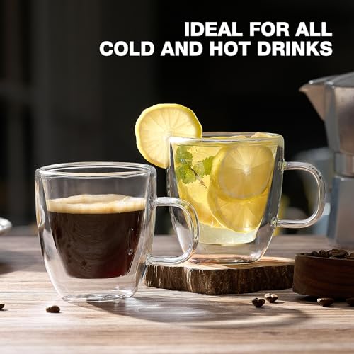 Mfacoy Glass Double Wall Insulated Espresso Cups (Set of 2), 5.4 oz Shots Cup with Handle, Insulated Glasses Mugs, Small Coffee Cups, Shot Glass - size: Espresso Cups