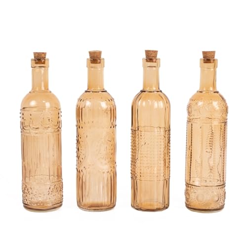 4 Amber Gold 16 oz Vintage Embossed Glass Bottles with Corks Wedding Reception Events Favors Gifts Party