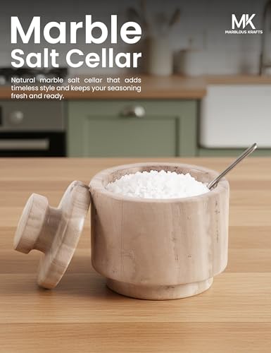Marble Salt Cellar with Lid & Spoon 3" Brown Small Flaky Salt Box and Sugar Jar for Spice Storage on Countertop, Kitchen Seasoning Container - color: Natural Brown