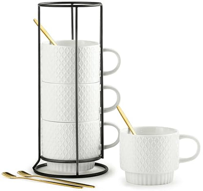 LYEOBOH Stackable Coffee Mugs with Rack, 13 oz Ceramic Coffee Mug Set of 4 with Stand, Latte Cup with Spoon, Cappuccino Cups for Hot Cocoa, Milk, White - color: White