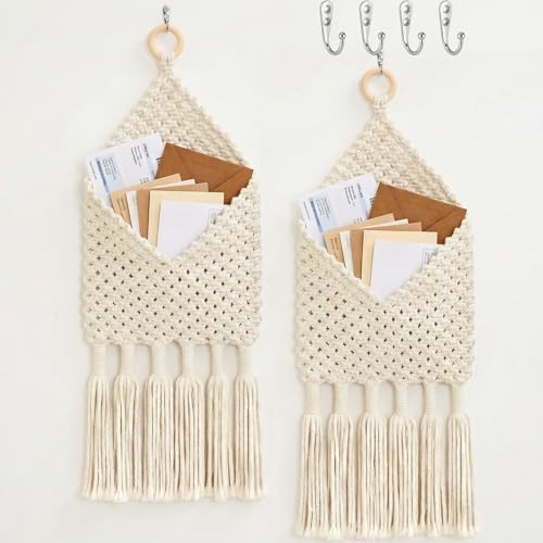 2 Pack Boho Mail Holder for Wall, Handwoven Mail Organizer with Hooks, Cotton Rope Hanging Basket for Letters, Keys and Small Items for Entryway Home Office Hallway Decor, White