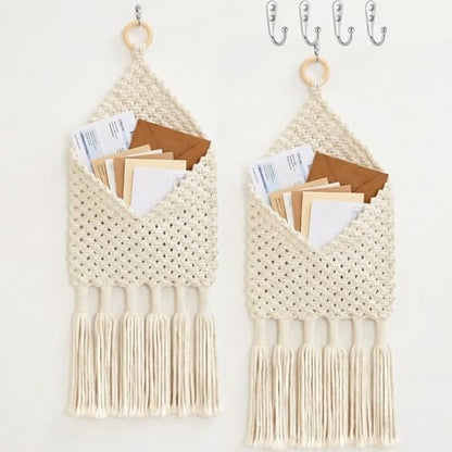 2 Pack Boho Mail Holder for Wall, Handwoven Mail Organizer with Hooks, Cotton Rope Hanging Basket for Letters, Keys and Small Items for Entryway Home Office Hallway Decor, White