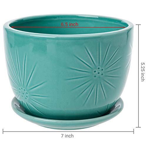 MyGift 7-Inch Turquoise Ceramic Planter Pot with Drainage Hole & Saucer | Round Embossed Sunburst Container for Indoor Plants, Succulents, Cactus, Herbs & Flowers with Attached Saucer - color: Turquoise