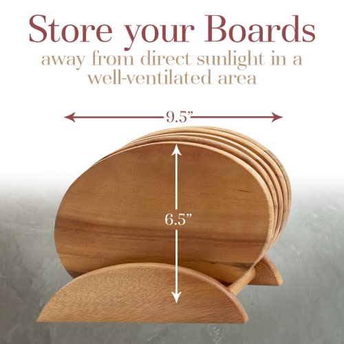 Woodard & Charles Acacia Wood 6 Serving Boards with Stand, 7 Piece Set | 9.5" x 6.5" Wood Serving Boards on a Stand; Serve Sushi, Cheese, Charcuterie, Appetizers and Small Bites for Any Party - color: Brown, size: 7 Piece Set