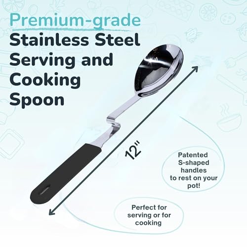 Souper Cubes Stainless Steel Spoon with Silicone Grip & Pot Hook, Charcoal | Durable Cooking Spoon Hooks to Your Pot to Help Prevent Drips and Keep Counters and Stovetop Clean - color: Charcoal, size: Spoon 1-Pack