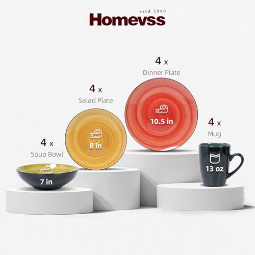 HomeVss Sonoma 16 Piece Stoneware Dinner Set, Outside Black + Inside Handpainted Mixed Colors Blue, Green, Red, Yellow with speckle - color: Combi Blue, Green, Red, Yellow