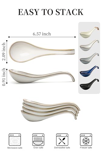 LYEOBOH Asian Soup Spoons, 6.5 inch Ceramic Soup Spoon Set of 6, Dinner Spoons with Deep Hook for Home, Kitchen, Dishwasher & Microwave Safe, Farmhouse Style, Beige - color: Beige