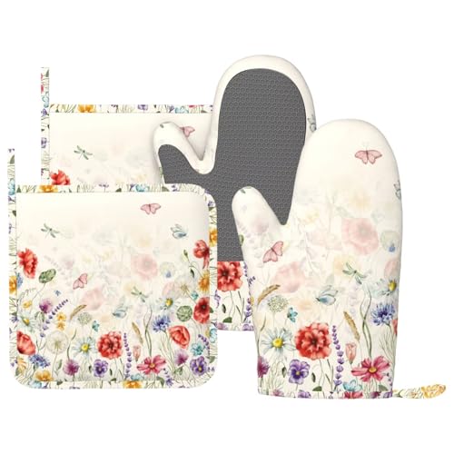 Watercolor Florals Oven Mitts and Pot Holders Sets Silicone Wildflowers Kitchen Oven Mitts Hot Pads Heat Resistant Colorful Flowers Butterfly Potholders Kitchen Mitts Set for Baking Cooking - color: Red