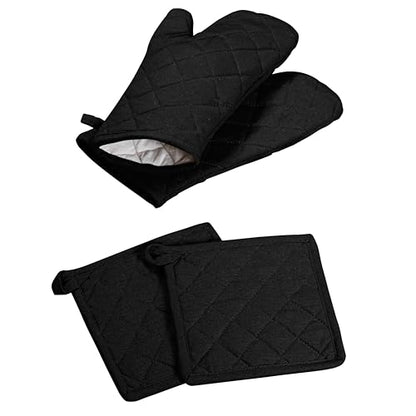 Oven Mitt & Pot Holder 100% Cotton Easter Heat Resistant Oven Gloves (7"x13") & Hot Pads (8"x8") Combo for Gifts, Cooking - Black - color: Black