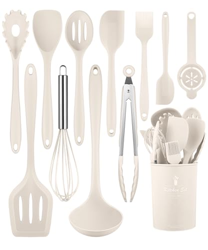 Khaki Kitchen Utensils Set-12 Pieces Silicone Cooking Utensils Set | Dishwasher Safe 392°F Heat Resistant Spatula Set Kitchen Utensil Set for Nonstick Cookware,Best Kitchen Tools with Holder - color: Khaki