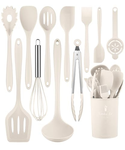 Khaki Kitchen Utensils Set-12 Pieces Silicone Cooking Utensils Set | Dishwasher Safe 392°F Heat Resistant Spatula Set Kitchen Utensil Set for Nonstick Cookware,Best Kitchen Tools with Holder - color: Khaki