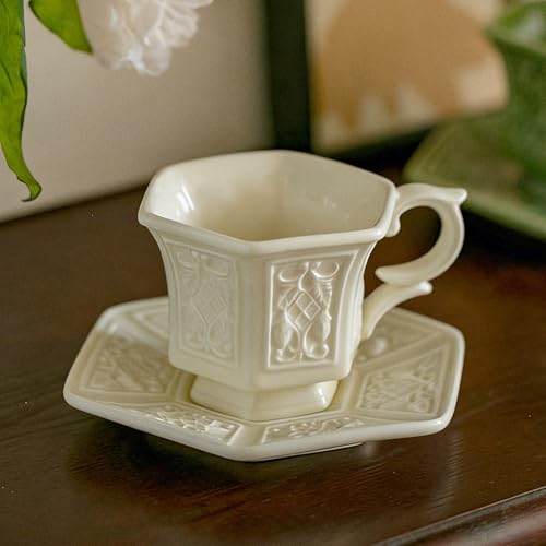 KAMMAK Tea Cups and Saucers Set of 2, 6 oz Porcelain Coffee Cups, SY003 | Stackable Espresso Mugs, Ceramic Demitasse for Coffee, Cappuccino, Latte, Americano, Tea - size: 8CZSY003
