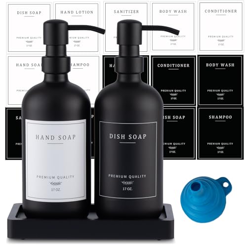 Black Thick Glass Soap Dispenser - Farmhouse Kitchen Dish &Hand Soap Dispenser Set, 304 Rustproof Pump Lotion Dispenser Bathroom with Tray, 14 Waterproof Stickers for Kitchen Decor Sink - color: Black Bottle/Black Pump + Tray + Funnel
