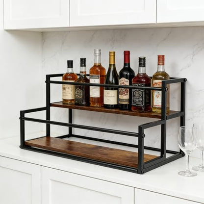Coffee Syrup Rack Organizer -2 Tier 10 Syrup Bottles Holder Stand for Coffee Bar Kitchen Countertop,Stepped Display Shelf for Spices, Jars, Dressing Freestanding Storage Shelves Rustic Small Wine Rack