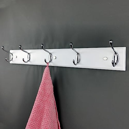 Wooden Wall Mounted Coat Rack – 24 Inch (60cm), White with 5 Silver Hooks for Entryway, Hallway, Bedroom - size: Medium-23.6in(60cm),5 Silver Hooks, style: Modern