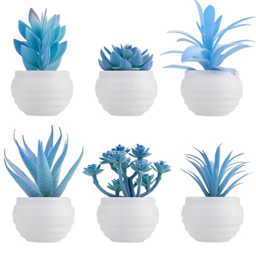 GREENTIME 6Pcs Blue Artificial Succulents in Plastic Pots Mini Fake Plants | Zero Maintenance Small Faux Succulents Decor for Indoor Bathroom Office Desk Bedroom Shelf Living Room Kitchen Windowsill - color: Blue-white Ribbed Pot