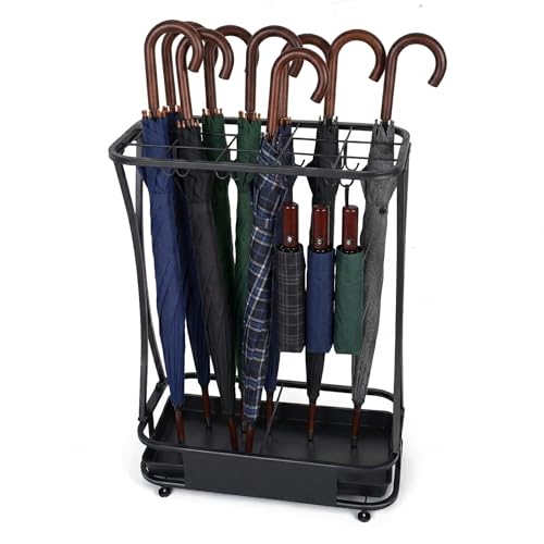 15 Slot Umbrella Stand with 8 Hooks – Heavy Duty Metal Indoor Umbrella Rack Holder with Removable Drip Tray – Large Commercial Entryway Organizer for Office, Lobby or Home - color: 15 Slots 8 Hooks, Black