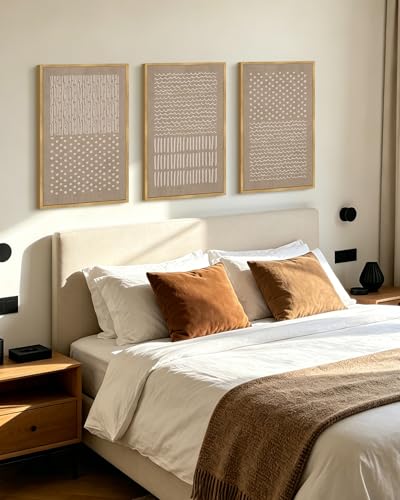 PHOPAGO Boho Mid-Century Modern Framed Wall Art Large 16x24in Minimalist Geometric Neutral Wall Decor Bohemain Artwork Home Office Dining Room Decor - Natural Framed - color: Brown Geometric, size: 24L" x 16W" x 3 Pcs Natural