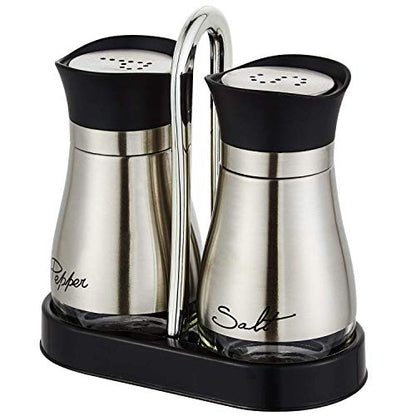 Lonffery Salt and Pepper Shakers Set | Stainless Steel Salt Containers with Glass Bottle for Table, RV, Camp, BBQ, Set of 2 - color: Black