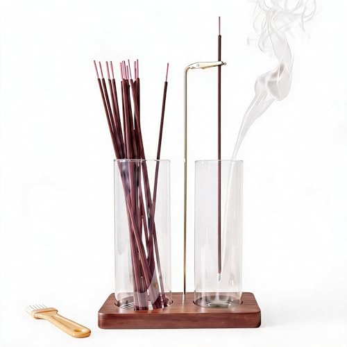 2 in 1 Anti-Ash Incense Holder for Sticks, Upside Down Hanging Incense Burner with Removable Glass Ash Catcher and Wooden Base, Modern Vertical Zen Decor for Home Office Yoga Meditation Room
