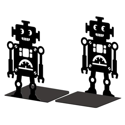 5.3"x4.3"x7.9" Metal Bookends, Heavy Duty Book Ends for Shelves | Robot Theme Cast Iron Book Supports, 1 Pair Decor Stoppers for Desk, Library, Office & Home Shelves - style: Robot