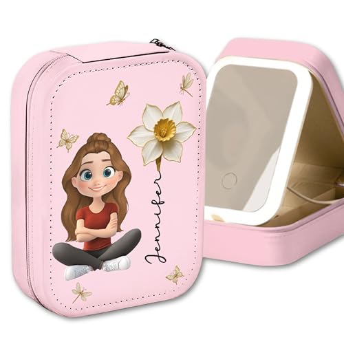 Women & Girls Floral Makeup Box With LED Mirror - Personalized Birthmonth Flower Travel Jewelry Organizer Gift for Daughters Sisters on Birthday Christmas Graduation Wedding - color: Floral Soul, size: Women