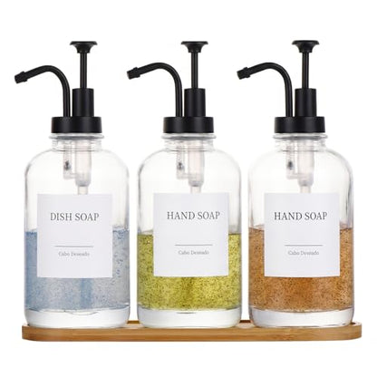 Glass Soap Dispenser with Pump, Dish and Hand Soap Dispenser for Kitchen Bathroom, Glass Dispenser Set with 18 Stickers Funnel Bamboo Tray 500ml 18oz Clear - color: Clear 3