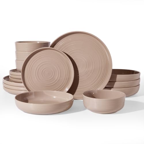 Stoneware Dinnerware Set with Pasta Bowls, Service for 4 | Brown, 16 pcs Ceramic Plates and Double Bowls, Speckled Spiral Dishes, Chip & Scratch Resistant, Microwave & Dishwasher Safe - color: Cinnamon Brown, size: Service for 4 (16pc) - Double Bowls