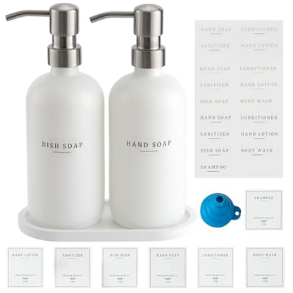 Glass Soap Dispenser - Dish Soap Dispenser for Kitchen and Hand Soap Dispenser Set, Bathroom Soap Dispenser with 304 Rust Proof Pump, Soap Dispenser for Kitchen with Tray, White Bottle/Silver Pump - color: White Bottle/Brushed Silver Pump + Tray + Funnel